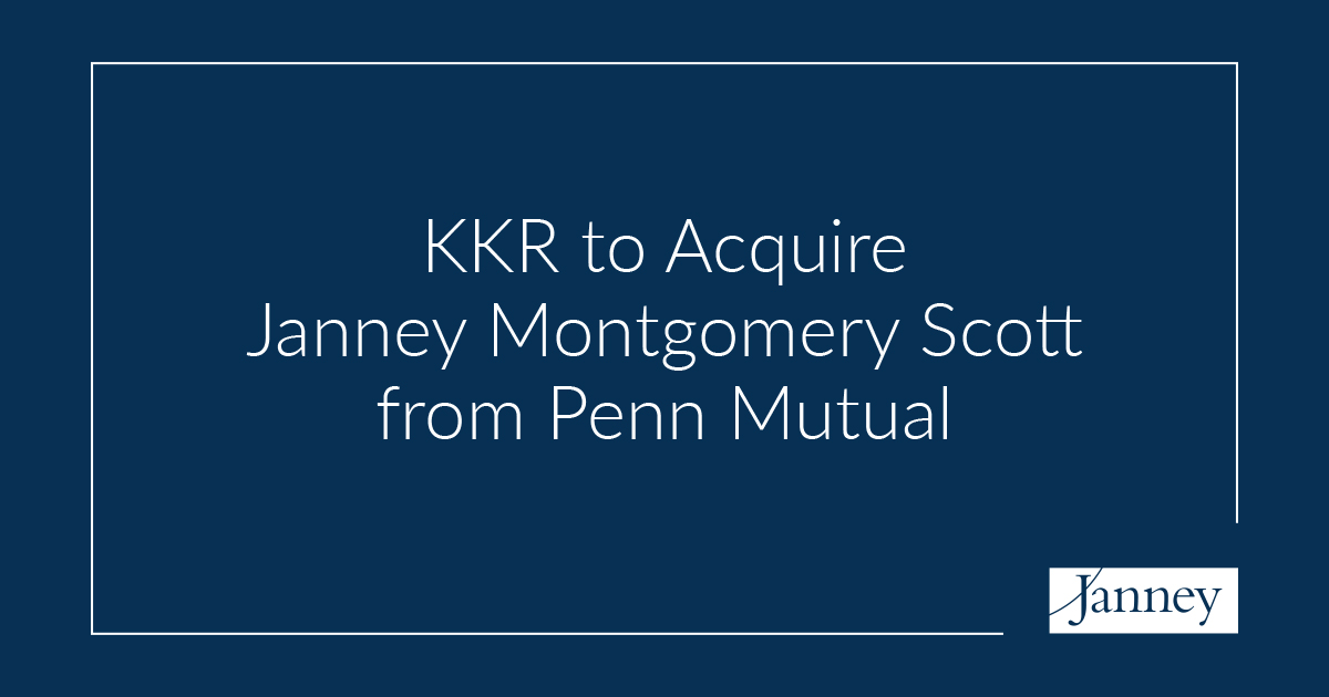 KKR to Acquire Janney Montgomery Scott from Penn Mutual on a navy blue background with a Janney logo.